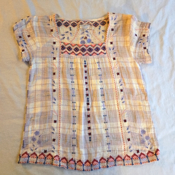 Johnny Was Boho Short Sleeve Cotton Embroidered Square Neck Top - Picture 1 of 10